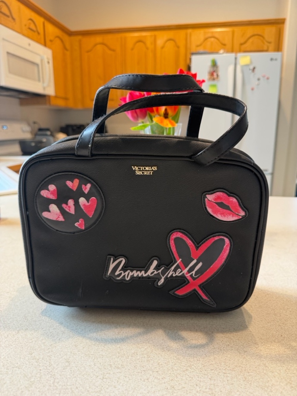 Victoria's Secret Black Cosmetic Tote with Pink Patch Accents